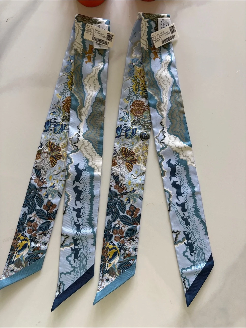 Hermes Blue, Gold & Teal Silk Twilly Scarf Pair